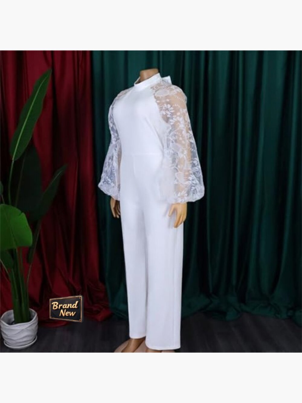 Lantern Sleeve Jumpsuit Formal Belted High Neck Polyester Wedding Guest - Picture 4 of 7